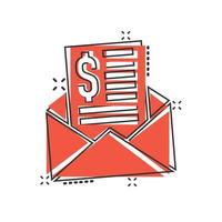 envelope com ícone de dinheiro em estilo cômico. e-mail dinheiro ilustração vetorial dos desenhos animados no fundo branco isolado. conceito de negócio de efeito de respingo de mensagem financeira. vetor