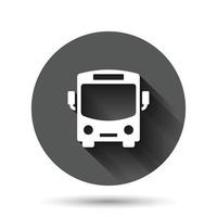 ícone de ônibus em estilo simples. ilustração em vetor carro ônibus no fundo redondo preto com efeito de sombra longa. conceito de negócio de botão de círculo de autobus.