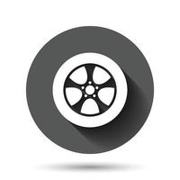 ícone de roda de carro em estilo simples. ilustração em vetor parte do veículo em fundo redondo preto com longo efeito de sombra. conceito de negócio de botão de círculo de pneu.
