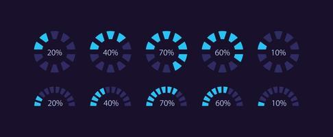 modelo de design de gráfico infográfico de progresso de roda radial definido para tema escuro. círculo de carregamento. apresentação de dados visuais. coleção de diagramas circulares editáveis vetor