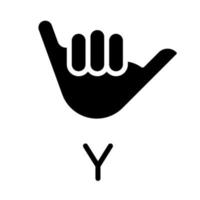 letra y assine no ícone de glifo preto asl. linguagem das pessoas com surdez. gesto de comunicação. alfabeto. símbolo da silhueta no espaço em branco. pictograma sólido. ilustração vetorial isolada vetor
