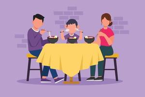 desenho animado estilo plano pai mãe e filho comendo macarrão na sala de jantar. família feliz jantando com deliciosos ramen. saborosa comida japonesa. ilustração vetorial de design gráfico vetor