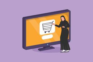 design gráfico plano desenhando mulher árabe em pé e comprando online via tela de computador com carrinho de compras dentro. estilo de vida digital, conceito de consumismo de tecnologia. ilustração vetorial de estilo cartoon vetor