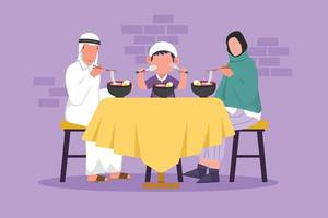 estilo plano dos desenhos animados desenhando pai árabe mãe e filho pequeno comendo macarrão na sala de jantar. família feliz jantando com deliciosos ramen. saborosa comida japonesa. ilustração vetorial de design gráfico vetor