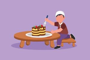 desenho plano de personagem menino bonitinho feliz comendo bolo de aniversário cremoso na mesa. adorável garoto árabe gosta de lanche de sobremesa doce. deleite gostoso favorito para crianças. ilustração vetorial de design de desenho animado vetor