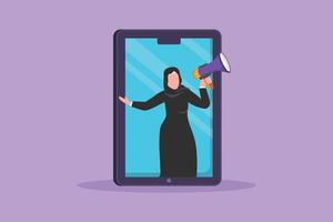 design plano gráfico desenhando mulher árabe saindo da tela do smartphone segurando o megafone. oferecendo produto com desconto ou venda. loja online de marketing digital. ilustração vetorial de estilo cartoon vetor