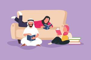 design plano gráfico desenhando livros de leitura de família árabe juntos na sala de estar em casa. mãe encostada no sofá e pai com filha estão sentados no chão. ilustração vetorial de estilo cartoon vetor