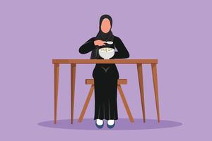 estilo simples dos desenhos animados desenhando mulher árabe tomando café da manhã com cereais e leite. fêmea de beleza sentada à mesa e comendo com um prato delicioso. comida de nutrição saudável. ilustração vetorial de design gráfico vetor