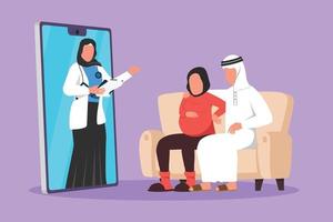estilo plano de desenho animado médico feminino árabe sai da tela do smartphone e dá consulta ao casal paciente com esposa grávida. médico on-line. ilustração vetorial de design gráfico vetor