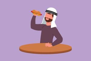 estilo plano dos desenhos animados desenhando homem árabe barbudo feliz comendo sanduíche de cachorro-quente. saborosa comida rápida de rua. para café, restaurante, anúncios. lanche saudável. pausa para almoço no escritório. ilustração vetorial de design gráfico vetor