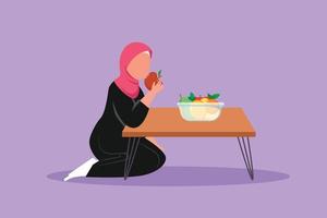 estilo simples dos desenhos animados desenhando menina árabe sentada perto da mesa e comendo maçã. laranja e manga na tigela colocada na mesa em casa. fruta saudável e comida para crianças. ilustração vetorial de design gráfico vetor