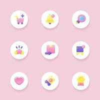 ícones de interface do usuário de comércio eletrônico de compras sofisticados rosa, roxo e amarelo kawaii fofos para aplicativos vetor