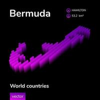 Mapa 3D das Bermudas. O mapa de vetor de néon digital listrado isométrico estilizado das Bermudas está em cores violetas em fundo preto. bandeira educacional