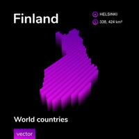 Mapa 3D da Finlândia. mapa vetorial listrado isométrico digital neon estilizado nas cores violeta e rosa no fundo preto vetor