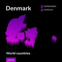 Mapa 3D da Dinamarca. mapa vetorial listrado digital isométrico de néon estilizado da dinamarca nas cores violeta e rosa no fundo preto. vetor