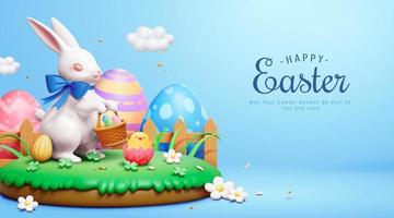 cartão de felicitações de caça aos ovos de páscoa. ilustração 3D de coelhinho coletando ovos de páscoa com pintinho chocado na pastagem em fundo azul vetor