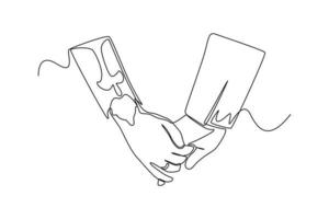 uma linha contínua desenhando o casal de mãos dadas no conceito de casamento de casamento. única linha desenhar design gráfico ilustração vetorial. vetor