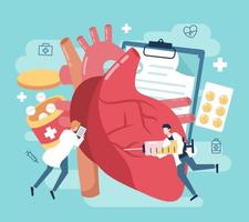 tratamento de doenças cardíacas com ilustração de remédios e pessoas vetor