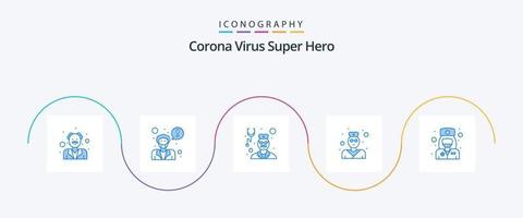 pacote de ícones do super-herói azul 5 do vírus corona, incluindo garota. estetoscópio. cuidados de saúde. médico. médico vetor