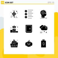 pacote de 9 sinais e símbolos de glifos sólidos modernos para mídia impressa na web, como emojis de coroa de posição, elementos de design de vetores editáveis humanos de negócios