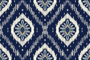 bordado paisley floral ikat em fundo azul marinho padrão étnico oriental sem costura tradicional ilustração em vetor abstrato estilo asteca design para textura, tecido, roupas, embrulho, cachecol