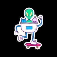 robô engraçado com alien, gato e unicórnio andando de skate, ilustração para camiseta, adesivo ou mercadoria de vestuário. com estilo doodle, retrô e desenho animado. vetor