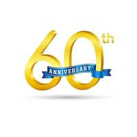 logotipo do 60º aniversário de ouro com fita azul isolada no fundo branco. logotipo de aniversário de ouro 3D vetor