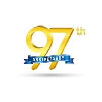 logotipo do 97º aniversário de ouro com fita azul isolada no fundo branco. logotipo de aniversário de ouro 3d vetor