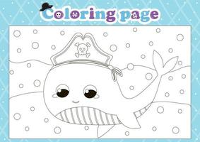 página para colorir com tema de pirata para crianças com animal fofo baleia vetor