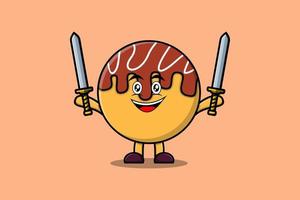 personagem takoyaki bonito dos desenhos animados segurando duas espadas vetor