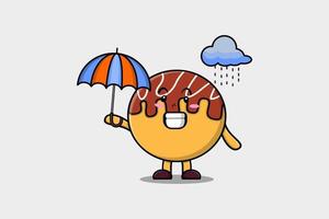 takoyaki bonito dos desenhos animados na chuva usando um guarda-chuva vetor