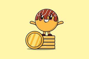 carrinho de takoyaki bonito dos desenhos animados na moeda de ouro empilhada vetor