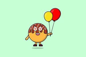 desenho animado bonito takoyaki flutuando com balão vetor