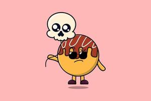 desenho animado bonito takoyaki flutuando com balão de caveira vetor