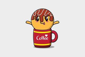 ilustração de personagem fofo takoyaki na xícara de café vetor