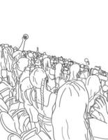 multidão de pessoas assistindo concerto segurando telefones celulares desenho de linha mono preto e branco vetor