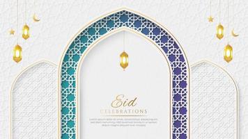 celebrações do eid elegante fundo de arco islâmico colorido de luxo branco e dourado vetor