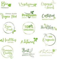 alimentos orgânicos, produtos naturais e logotipo de vida saudável, adesivos e crachás. vetor