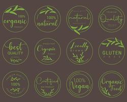 alimentos orgânicos, produtos naturais e logotipo de vida saudável, adesivos e crachás. vetor