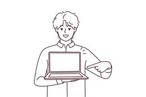 jovem sorridente aponta para laptop moderno com tela de maquete. homem feliz mostrar computador contemporâneo. aplicação de tecnologia e gadget. ilustração vetorial. vetor