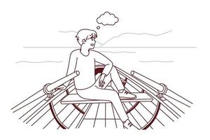 homem feliz sente-se no barco na paisagem natural pensando e imaginando. cara sorridente relaxar no navio navegando no rio sonhando e visualizando. ilustração vetorial. vetor