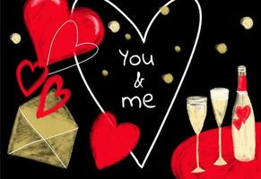 ilustração de dia dos namorados com texto você e eu com champanhe e taças, carta de amor, corações em preto vetor