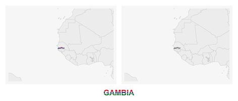 duas versões do mapa da Gâmbia, com a bandeira da Gâmbia e destacadas em cinza escuro. vetor