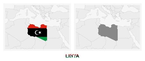 duas versões do mapa da líbia, com a bandeira da líbia e destacada em cinza escuro. vetor