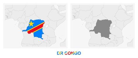 duas versões do mapa do dr congo, com a bandeira do dr congo e destacada em cinza escuro. vetor