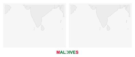 duas versões do mapa das maldivas, com a bandeira das maldivas e destacadas em cinza escuro. vetor