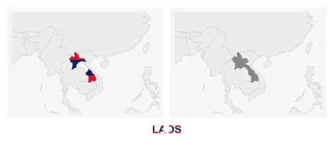 duas versões do mapa do laos, com a bandeira do laos e destacadas em cinza escuro. vetor