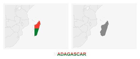 duas versões do mapa de madagascar, com a bandeira de madagascar e destacada em cinza escuro. vetor