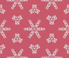 fundo de natal. flocos de neve brancos em um fundo rosa. padrão sem emenda de ornamento branco em rosa. padrões de damasco. gráfico de vetor. para tecido, azulejo, papel de parede ou embalagem. vetor