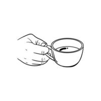 mão segurando um ícone de xícara de café, arte de linha de mão segurando uma xícara de café vetor